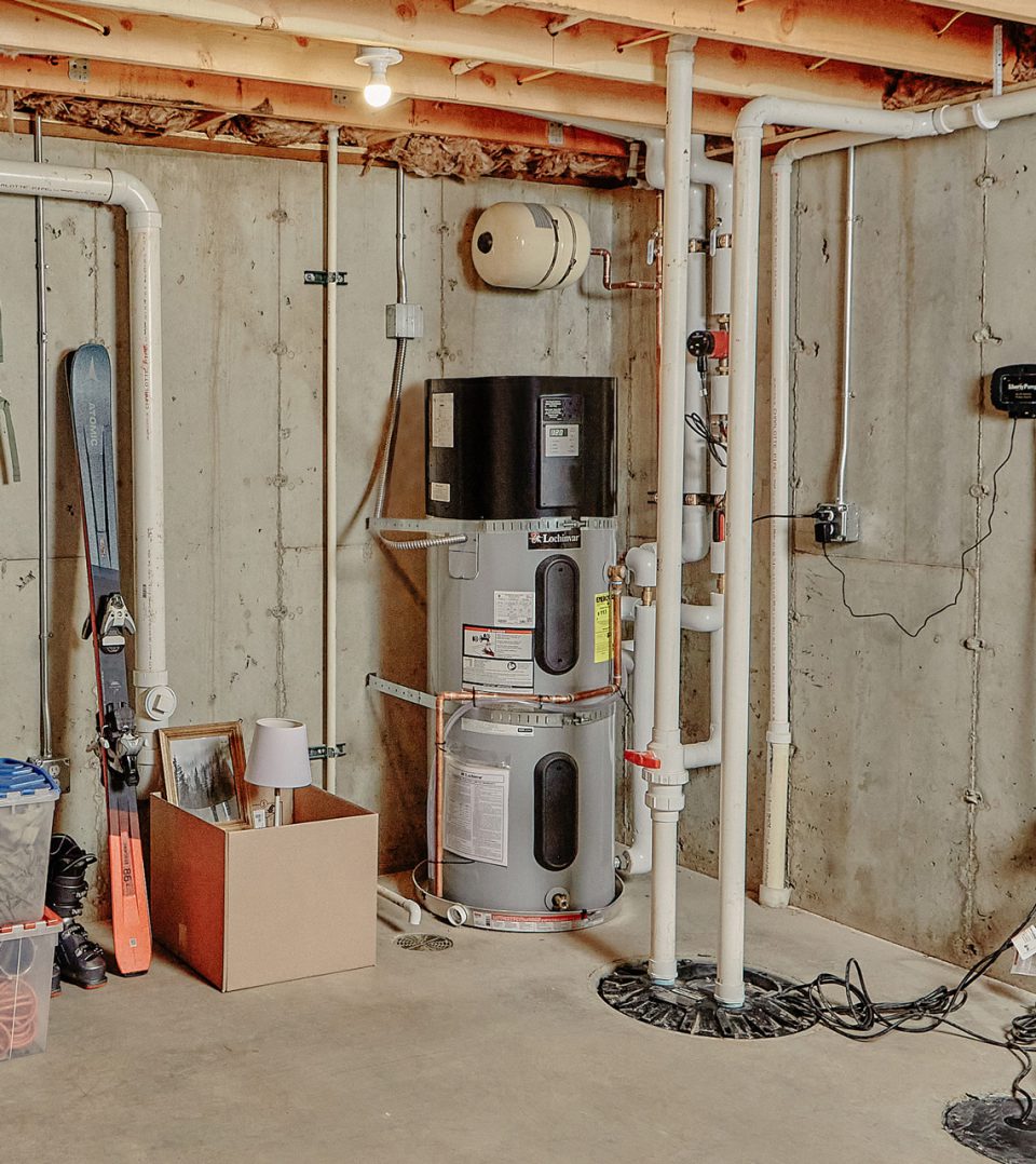 Heat pump water heater in a residential basement